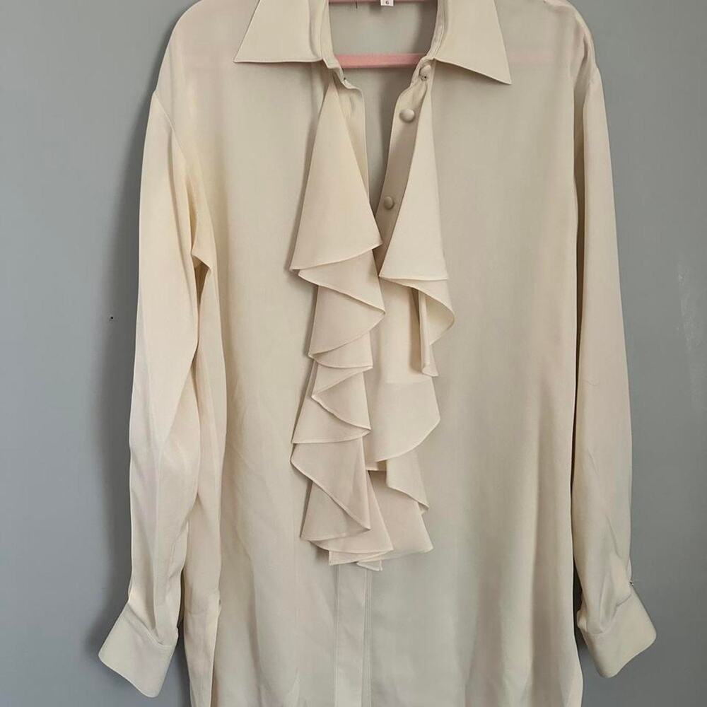 Vintage Jerri Sherman 100% Silk Blouse sz 6 Ivory Cream Ruffle Front Vintage 80s